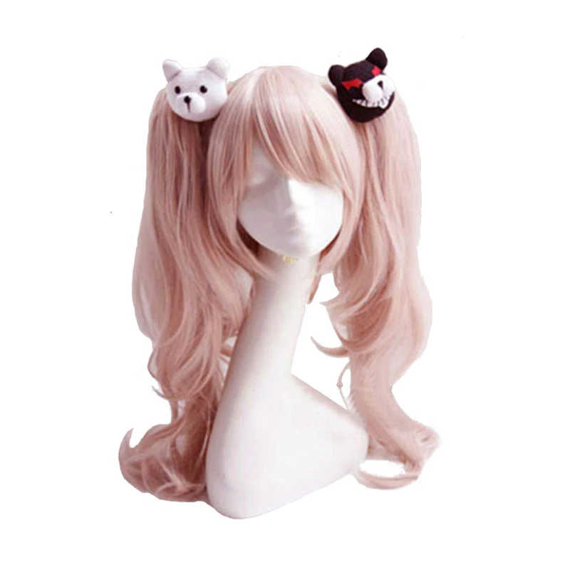 Danganronpa Enoshima Junko peruka do Cosplay różowe długie faliste z przypinany kucyk żaroodporne peruka do Cosplay + niedźwiedź spinki dziewczyna