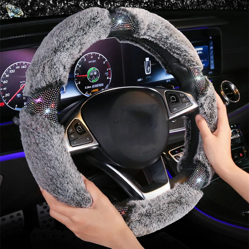 Bling Fur Steering Wheel Cover Winter Plush Furry Rhinestones Auto Stearing Protection Case Accessories Interior For Girls Women