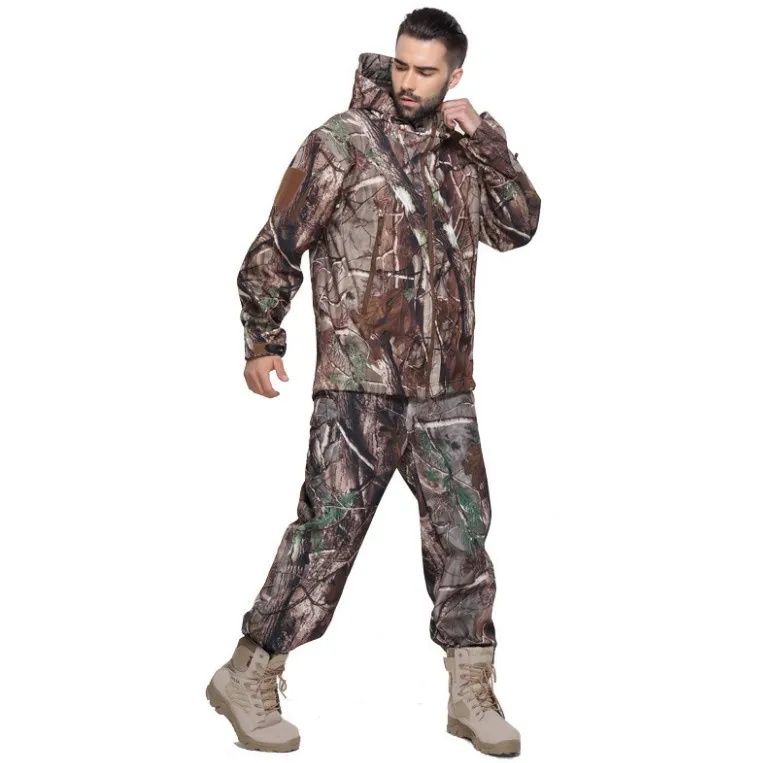 Shark Skin Soft Shell Tactical Jacket Pants Suit Men Waterproof Fleece Jackets Tree Camouflage Coat Camping Hunting Suits