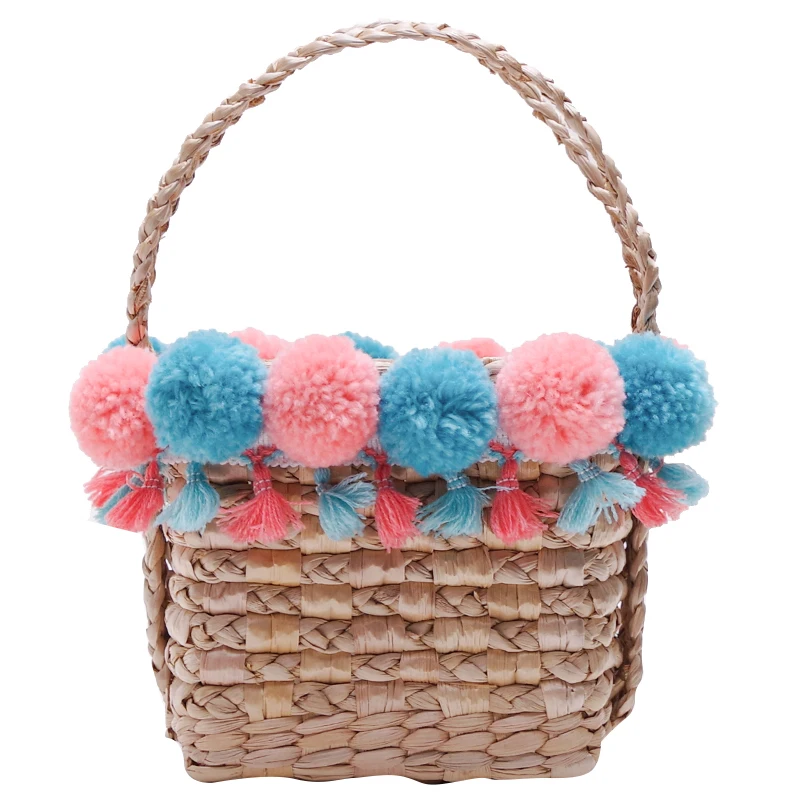 Casual New Fashion 2020 Summer Women Handbag Straw Hairball Bag Ladies Casual Messenger Beach Woven Solid Handbag