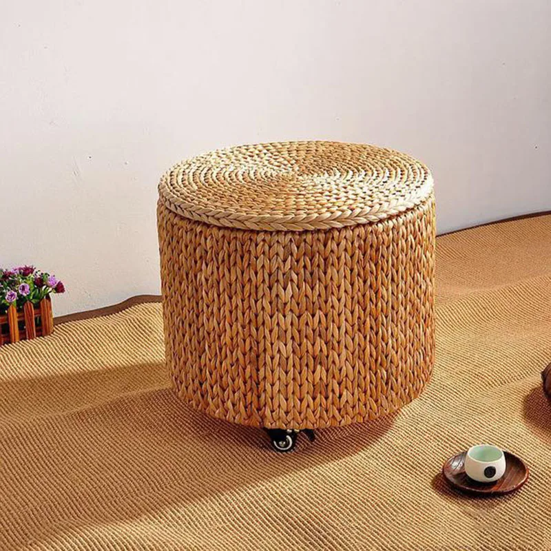 Living Room Furniture Retro Mobile Roller Skating Round Stool Manual Rattan Woven Small Stool Storage Box With Cover Footrest