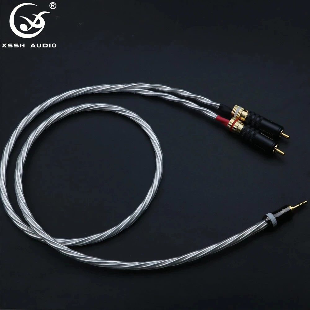 XSSH Hifi High Quality 4 Core 7N Copper OFC Plated Silver Aux 3.5mm Headset Plug to 2RCA Jack Audio Cable Signal Line Wire Cords