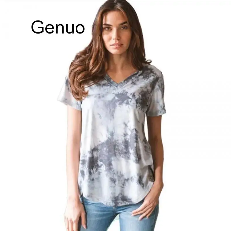 

2020 Women Tie Dye T Shirt Casual Female Tops Summer V-Neck Short Sleeve Tees Shirt Clothes Women Tee XXXL Loose Top