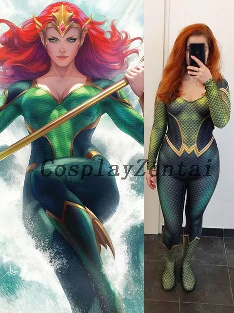 

Mera Version Woman Cosplay Costume 3D Print Spandex Zentai Bodysuit halloween costumes for woman High Quality Jumpsuit