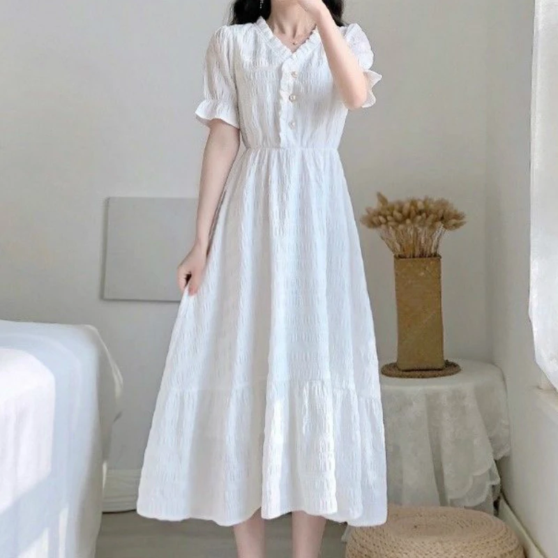 Vestido feminino com decote em v Ruched babados Midi, Maxi Vintage elegante, Popular feriado fino cintura alta, Túnica francesa mais nova, monocromático