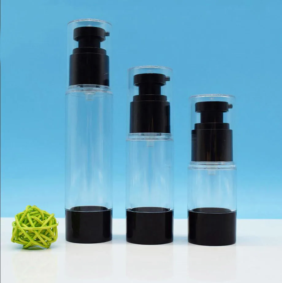 

15ml round head clear plastic black airless bottle recover complex eye essence serum/lotion/emulsion liquid foundation packing