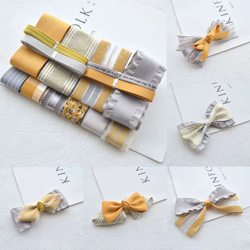 

Classic Grey Yellow Ribbons Set Handmade Hairpins Hair Accessories DIY Ribbon Packaging Hair Bowknots(14 Meters)