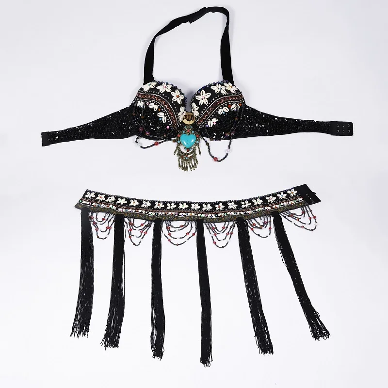 Size S-XL Dance Beaded Outfit 2 pieces Bra and Belt Tribal Belly Dance Costume Set Shells Top Jewelry Accents ATS Fringes Belts