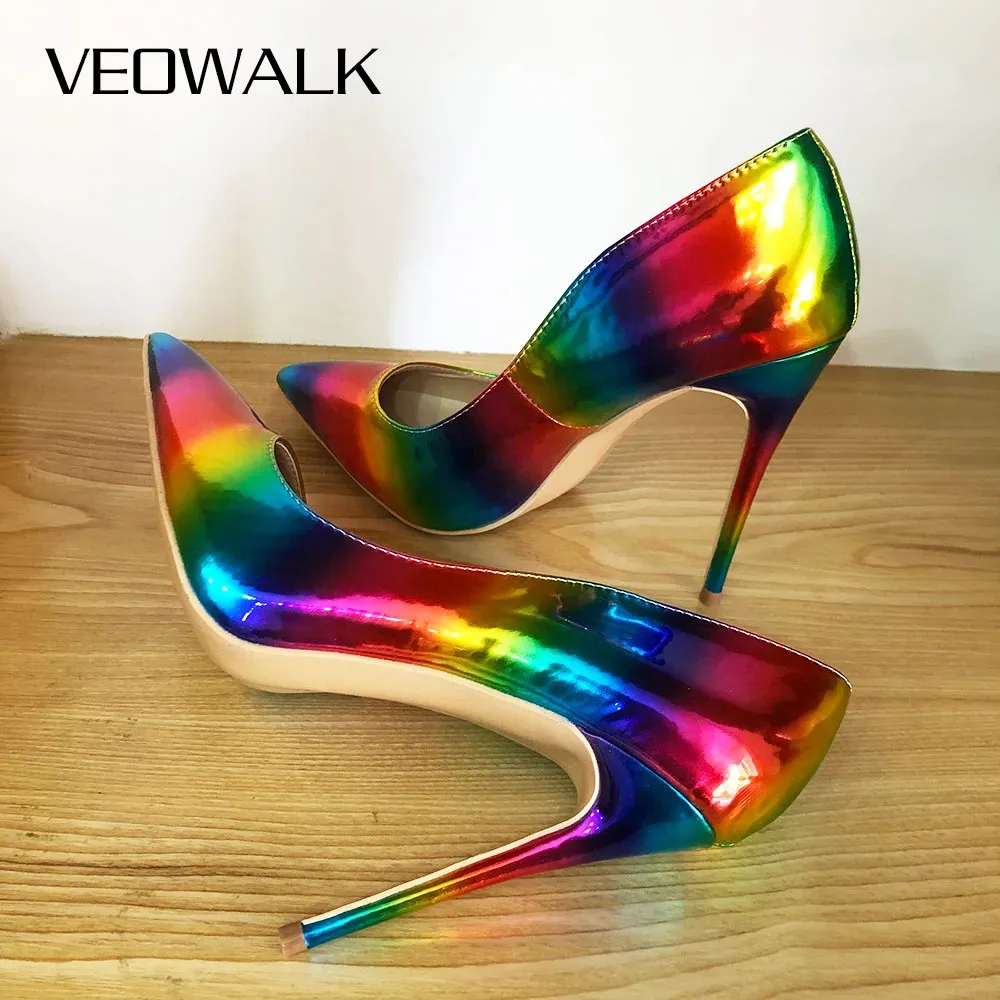 Veowalk Artsy lucido stampa colorata donna punta a punta tacchi alti donna Slip On tacchi a spillo pompe Sexy Night Club scarpe tacco sottile