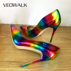 Veowalk-女性用の光沢のあるプリントヒールシューズ,カラフルなフェミニンなトウシューズ,先のとがったつま先,スリッポン,セクシー,ナイトクラブ用