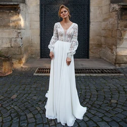 Bohemian Wedding Dress for Bride Customized Elegant Long Sleeves Lace See through V Neck A Line Sweep Train Bridal Gowns