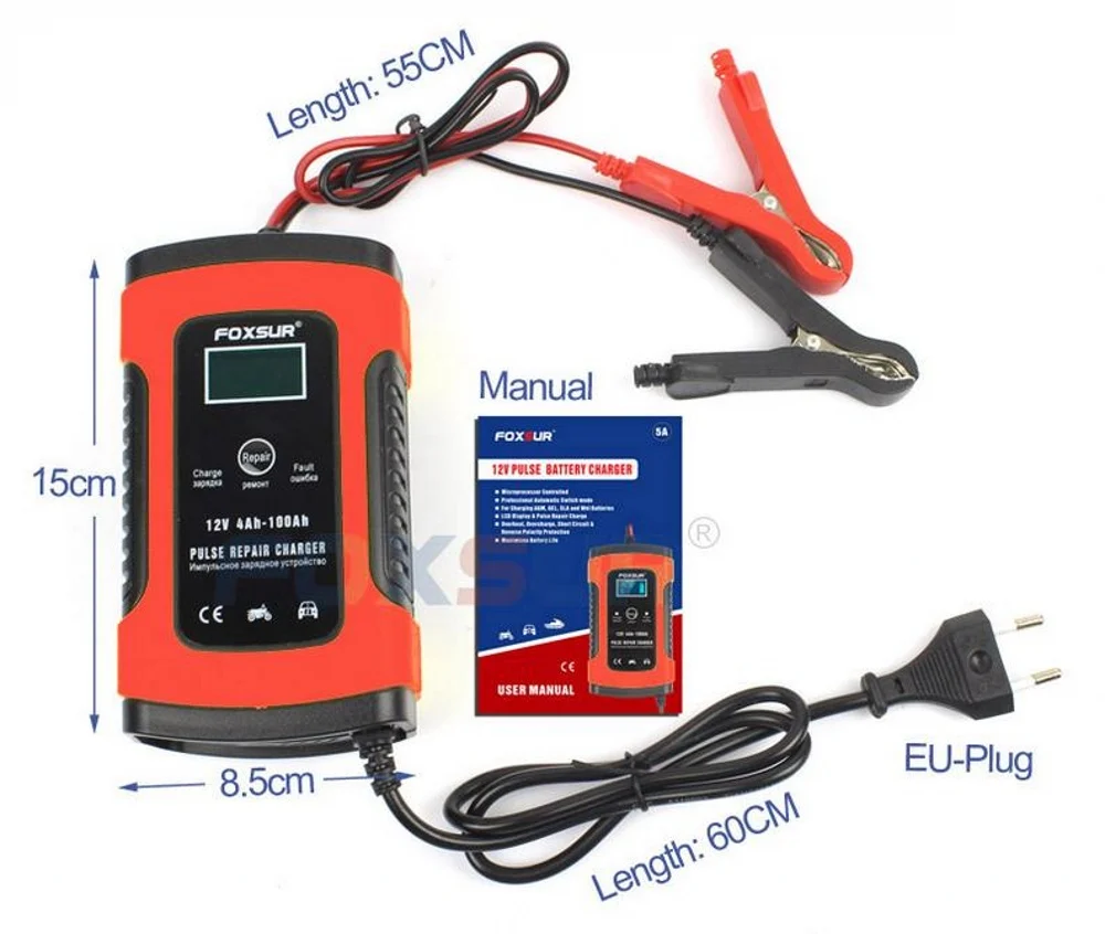 فوكسور-شاحن بطاريات ذكي أتوماتيكي للسيارات والدراجات النارية, شاشة إل سي دي ، 12 فولت ، شاحن إصلاح النبض 12AH 36Ah 45AH 60AH 100AH
