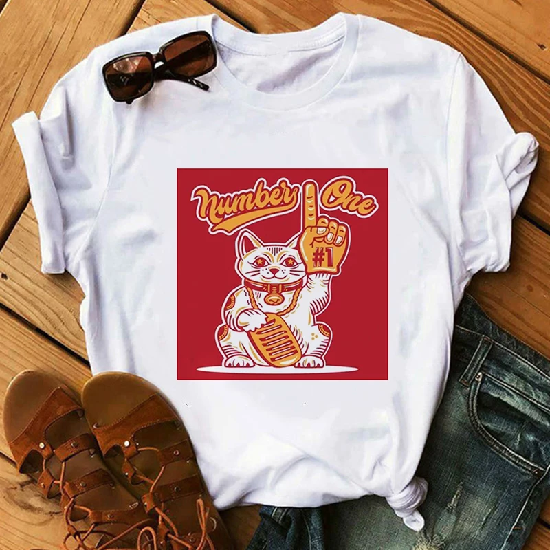 Aesthetic y2k Lucky Cat Graphic T-shirt Women Harajuku White Tops Tshirt Tee Korean Fashion Cute Casual Female T Shirt