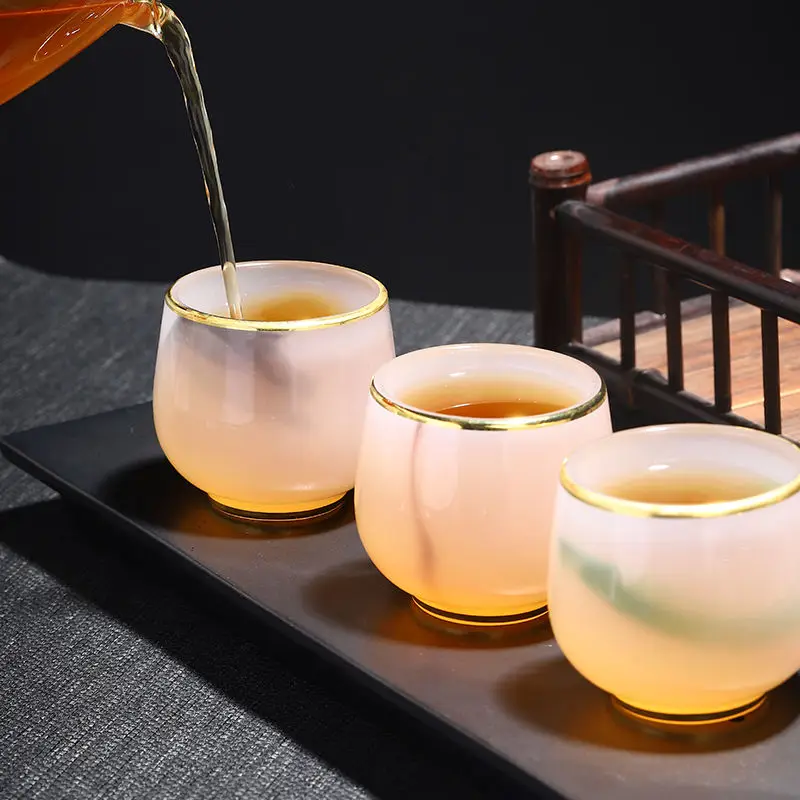 Coloured Glaze Teacup Kungfu Tea Set Jade Porcelain Master Cup Outline In Gold Single Cup Household Personal Small Tea Cup Gilt