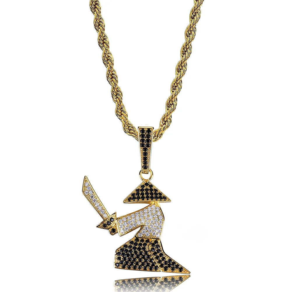 

Samurai Hand Holding Sword Pendant & Necklace 18k Gold Plated Lab Diamond Iced Out Chain Bling Fashion Hip Hop Jewelry