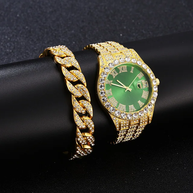 Full Iced Out Watch + Bracelet for Men Women Couple Luxury Red Dial Green Water Ghost Watches Gold Diamond Mens Watch Calendar