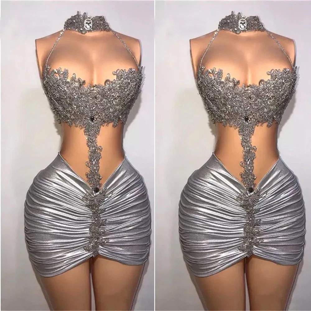 

Cocktail Dresses Beaded Prom Party Gown High Neck Applique Illusion Evening Dresses Custom Sleeveless Plus Size Above Knee Mini