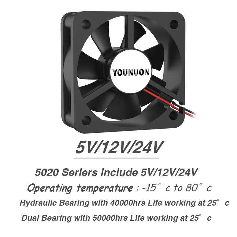 YOUNUON 2PCS 5020 50mm DC 24V 12V 5V 2PIN Dual Ball/Sleeve Bearing Brushless Cooling Fan 50x50x20mm Cooling Cooler Fan