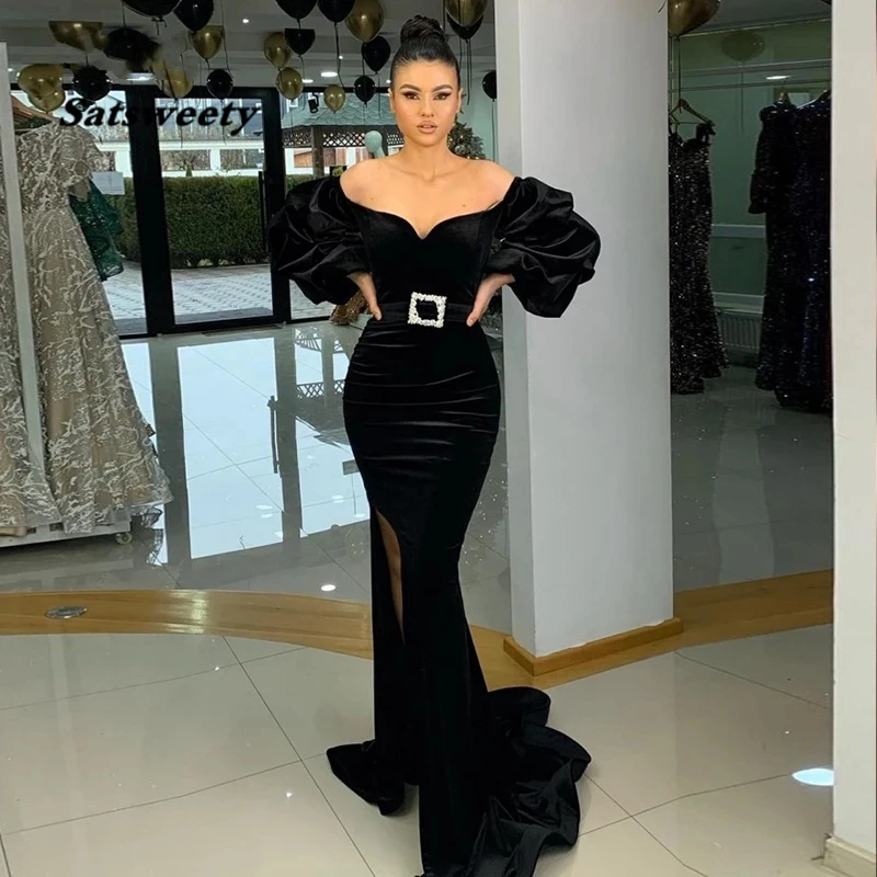 

Arabic Evening Dresses Black off Shoulder Long Puffy Sleeves Velvet Mermaid Prom Gown Party Dress abendkleider dubai