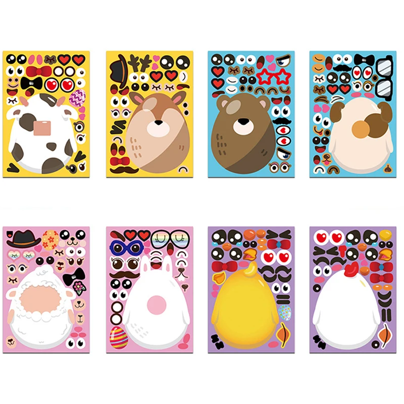 4 Sheets Kids DIY Stickers Make A Face Easter Animals Reusable Sticker For Boy Girl Baby Puzzle Games Assemble Jigsaw Toys Gifts