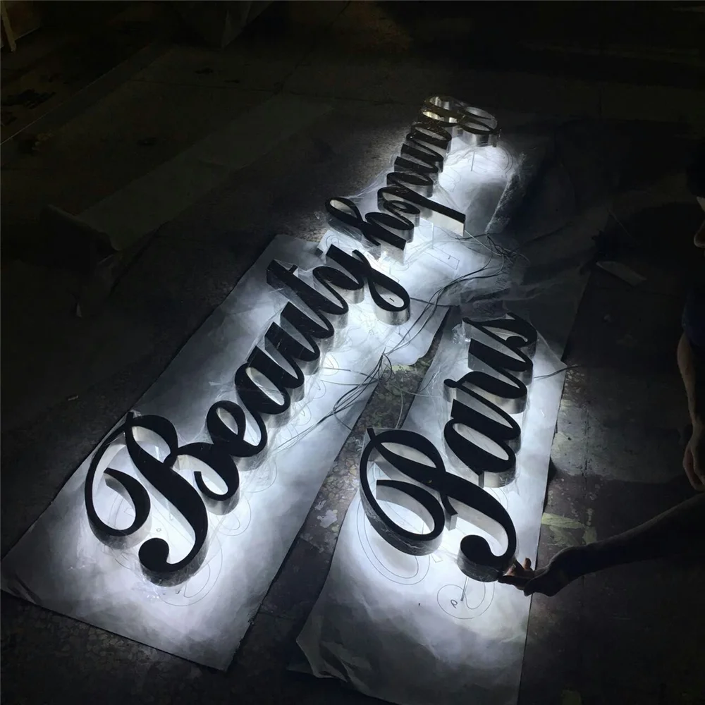 Letras led de acero inoxidable retroiluminadas para exteriores personalizadas, letreros para tienda de salón de belleza, iluminación trasera 3D, logotipo de empresa, publicidad comercial