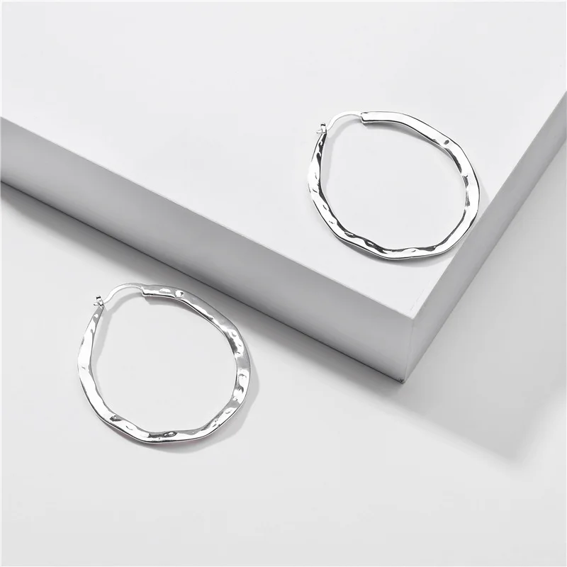 Gold Silver Color Hammered Surface Oval Round Big Hoop Earring Copper Brass Statement Earrings for Women