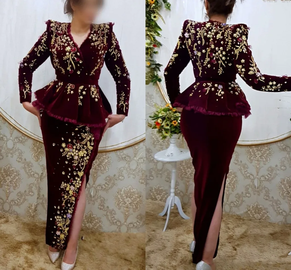 Traditional Burgundy Mermaid Evening Dresses Long Sleeves Beaded lace floral Velvet Prom Dress Robe de Soirée Algerian karakou