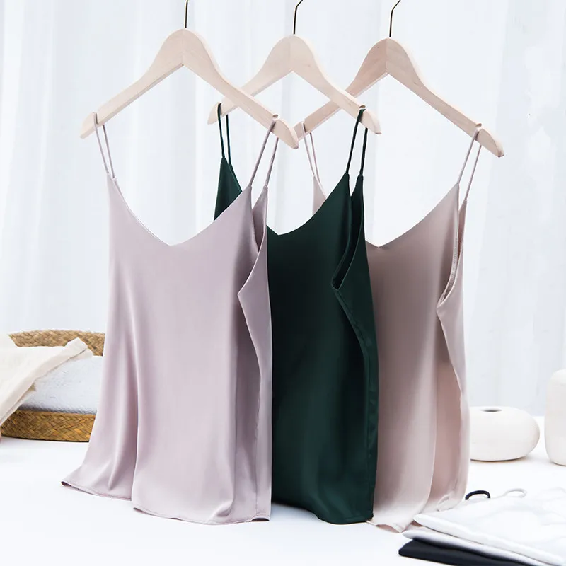 Korean Silk Women Camis Tops Woman V-neck Satin Tank Tops Women Sleeveless Silk White Tops 3XL Sexy Satin Halter Top OL Clothing