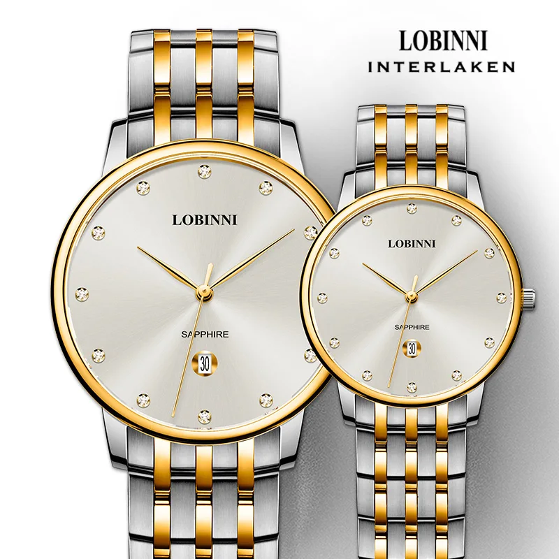 LOBINNI, caja dorada de acero inoxidable, cristal de zafiro, reloj resistente al agua, par de relojes para parejas, relojes de cuarzo MIYOTA para hombres y mujeres
