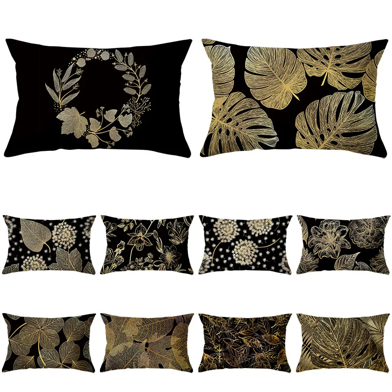 

Plant Printed Black Lumbar Pillow Cushion Cover 30x50cm Tropical Leaves Polyester Rectangle Sofa Chair Decor Throw Pillowcase