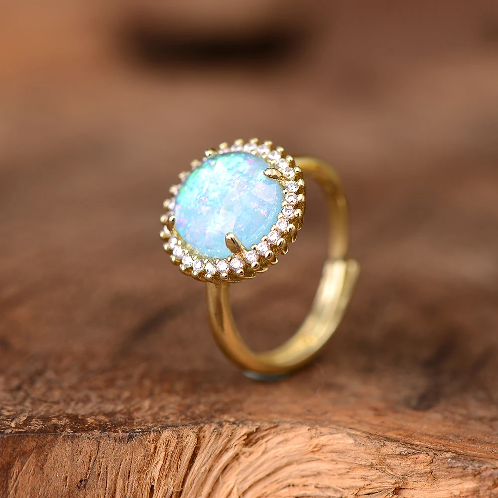 Sky Sea Blue Opal Zircon Pave Golden Adjustable Lover Rings