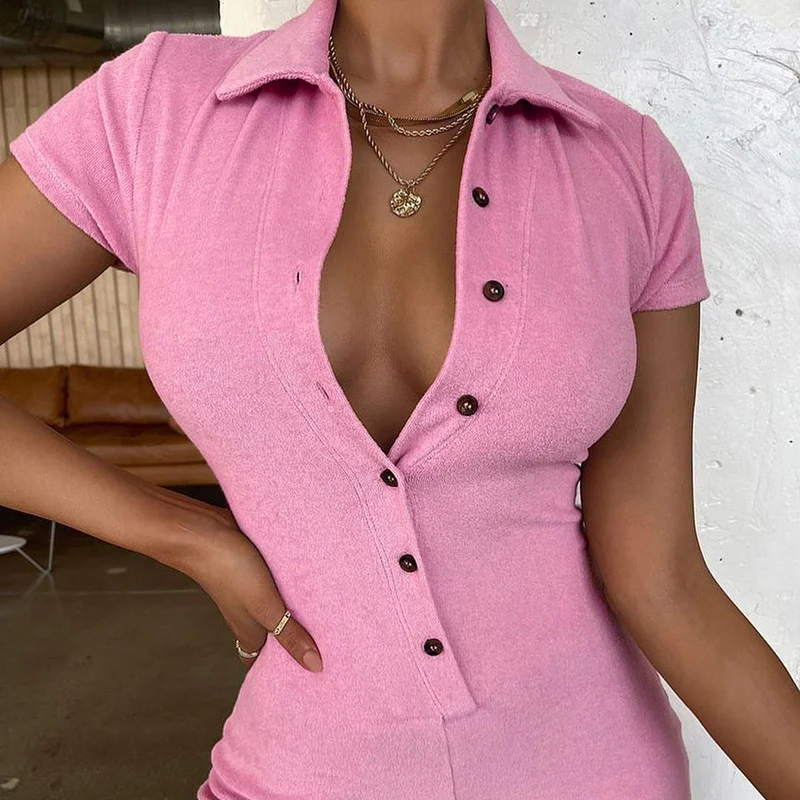 CHRONSTYLE Women Solid Color Casual Rompers 2021 Deep V-neck Slim Fit Short Sleeve Lapel Buttons Up Bodycon Playsuits Streetwear