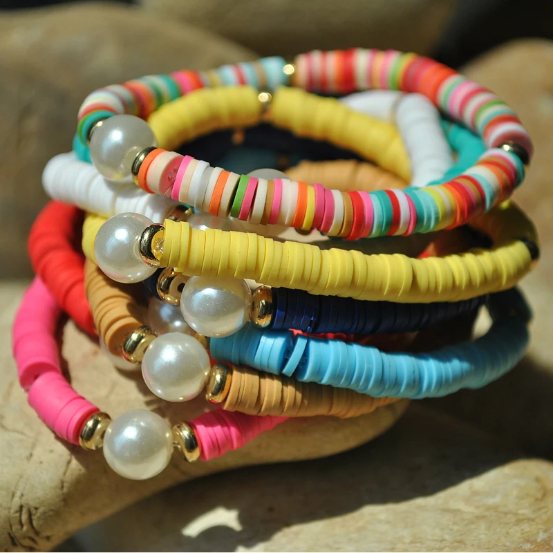 

Wholesale 10pcs Clay Bracelets Bohemian 6mm Soft Potter Simulated Pearl Handmade Colorful Beaded Jewelry for Summer Beach