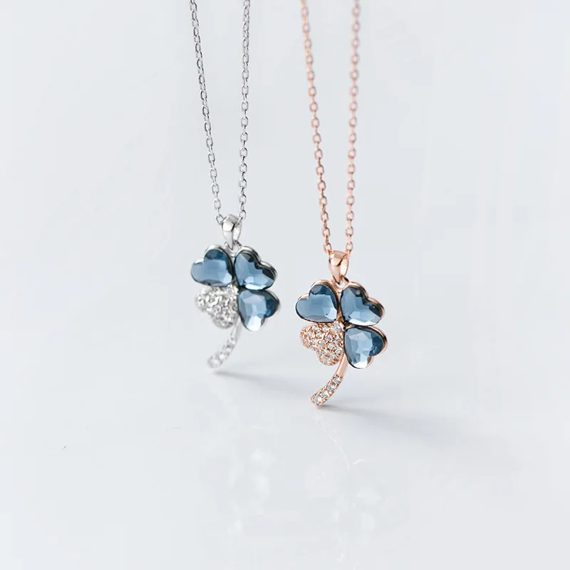 

MIQIAO Charms Jewelry 925 Sterling Silver Four Leaf Clover Pendant Necklace Blue Diamond Zircon Female Clavicle Chain Fashion