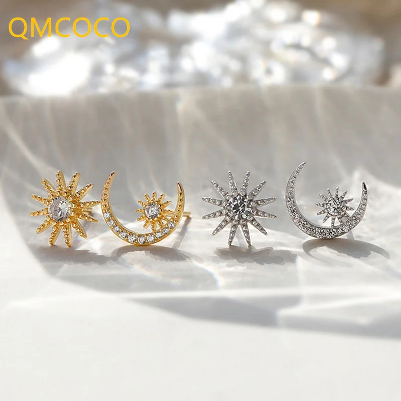 QMCOCO Màu Bạc Lấp Lánh Mặt Trăng Sao Hình Zircon Bông Tai Đinh Cho Nữ Hợp Thời Trang Cưới Sang Trọng Trang Sức Dự Tiệc Quà Tặng