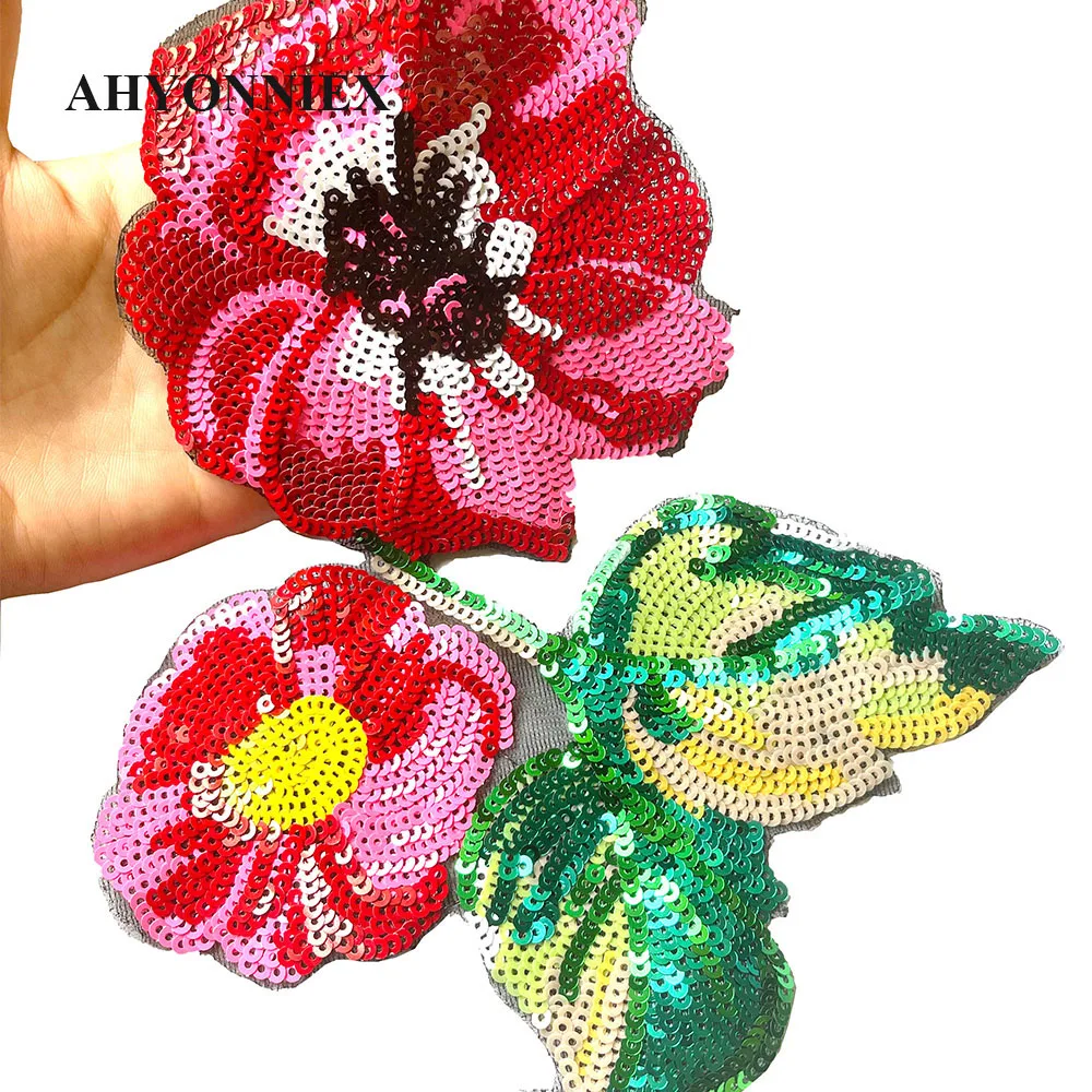 AHYONNIEX New Fashion Red Sequins Flower Patch DIY Applique Floral Patches For Clothing Bag Dress Sew On Patches 23.5cm x 16cm