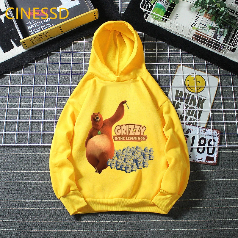 Grizzy And The Lemmings Yellow Cap Sweatshirt For Baby Boys Funny Caroon Print Baby Girl Hoodie Kids Clothes Top Winter Drop