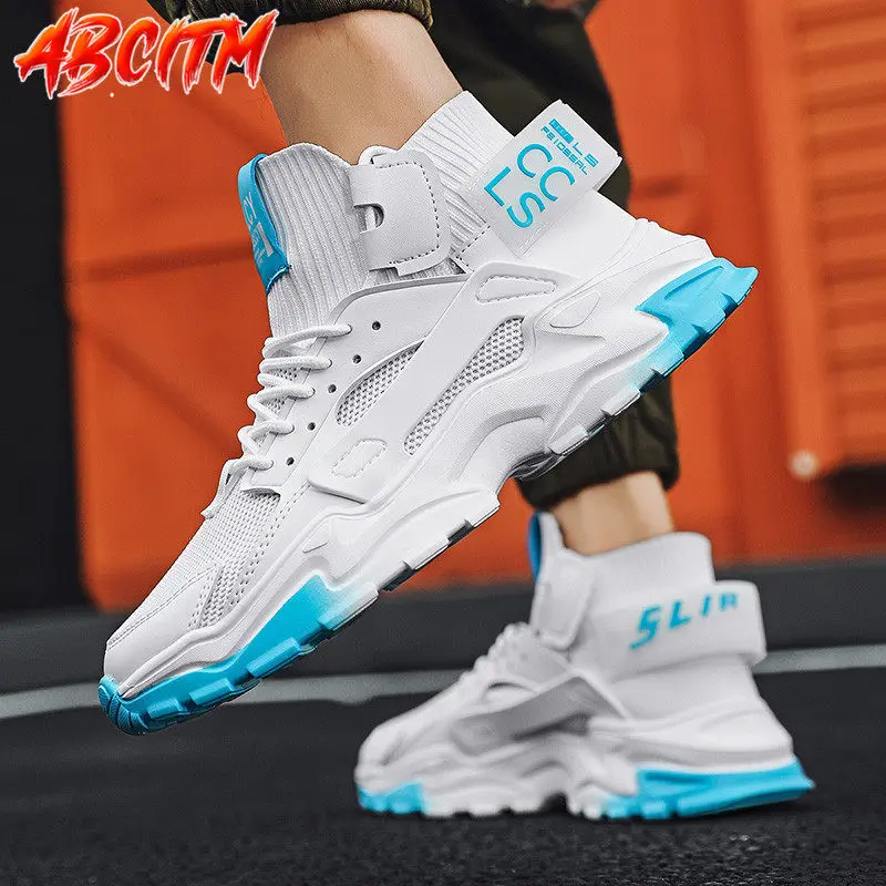 High Top Men Shoes Luxury Big Size Basketball Sneakers Thick Bottom Sport Shoes Mens Mesh Slip on Fashion Casual Shoe for Man V2