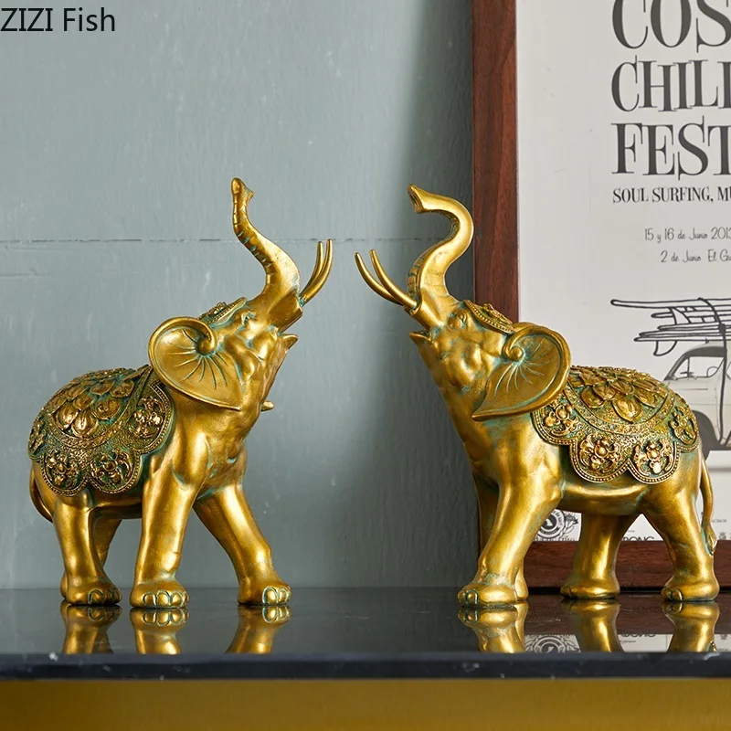 

Resin Crafts Ornaments Simulation Animal Sculpture Elephant Golden Thailand India Hand Painted Modern Home Decoration Figures