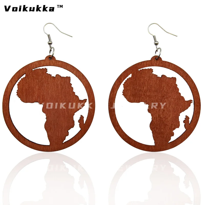 VOIKUKKA Jewelry Round Drop Pendants Laser Cutting Hollow Out I Love Jesus African Map Natural Wooden Ethnic Women Earrings
