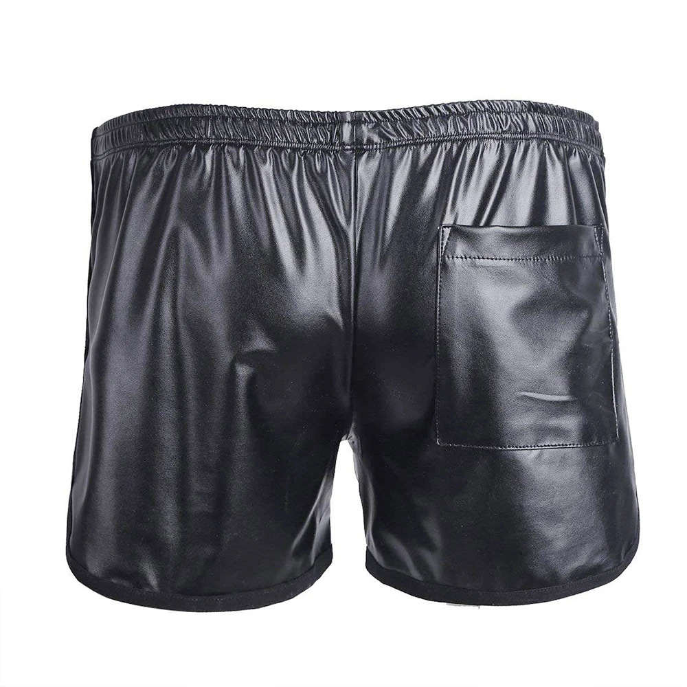 Faux Leather Sport Shiny Shorts Gyms Men Shorts Hot Pants with Back Pocket Fitness Men Clothes