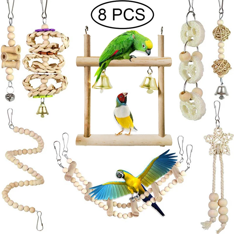 8 Packs Bird Parrot Swing Hanging Toy,Natural Wood Bell Bird Cage Toys For Parrots Parakeets Cockatiels Finches Budgie Parrots