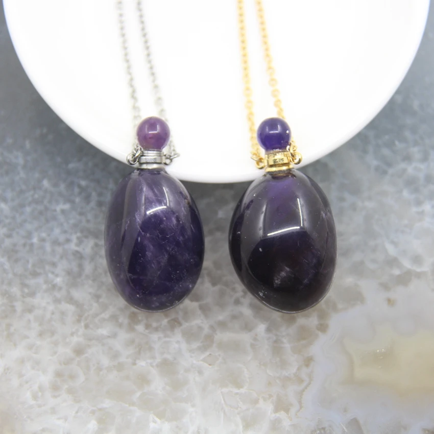 Polished Natural Stones Amethysts Perfume Bottle Pendant,Pruple Crystal Quartz Essential Oil Diffuser Vial Necklace DIY Jewelry