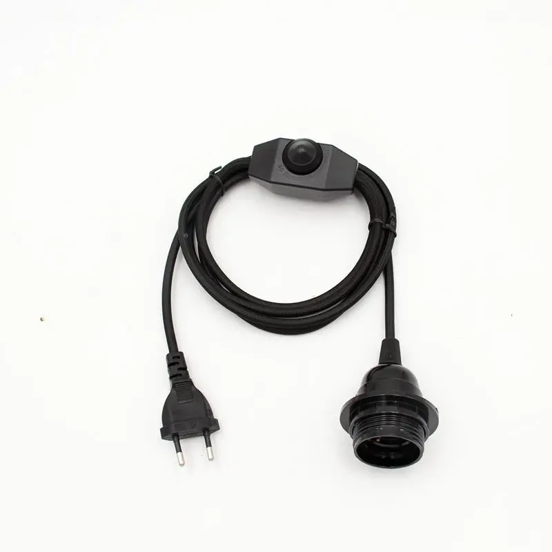 AC 220V EU Plug Power Cords Textile Covered Cable With Dimmer Switch E27 Threaded Bulb Lamp Holder Ring For Hanging Light
