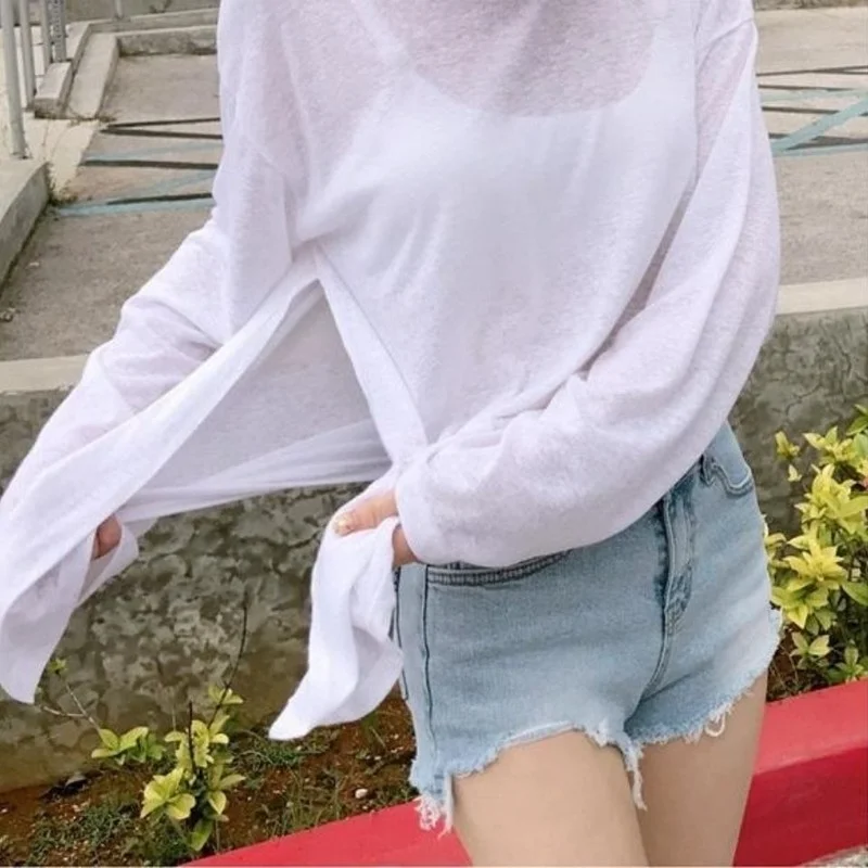 T-shirts Women Side-slit Design Summer Sheer Chic Popular Students Streetwear Pure Color Thin Sunscreen Loose Soft Ins Korean