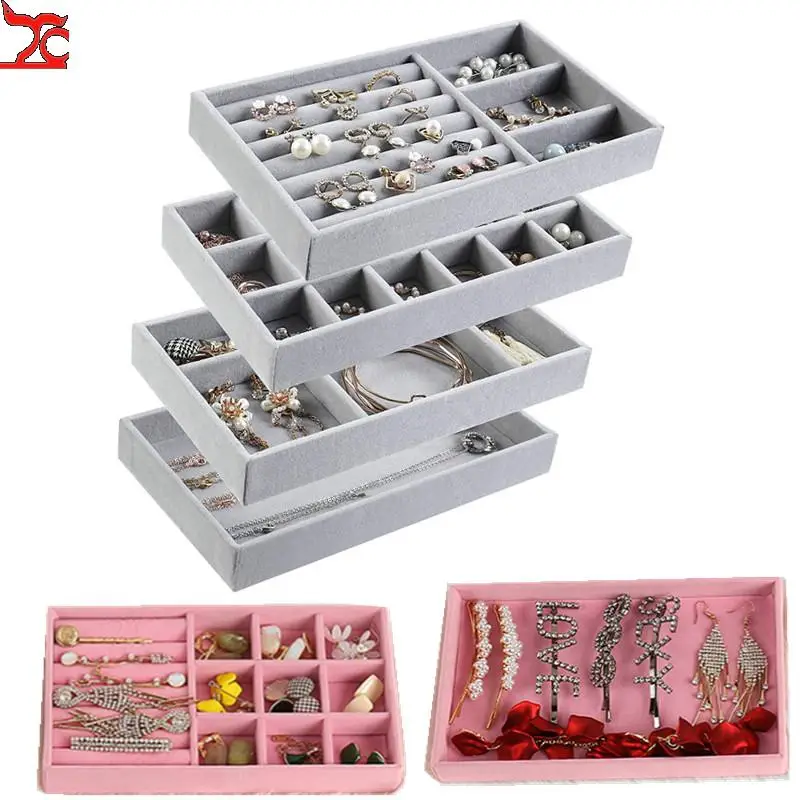 

Bracelet Trays Hairwear Accessories Organizer Gray Pink Velvet Jewelry Storage Box Brooch Display Case Home Desk Drawer 4Pcs/lot