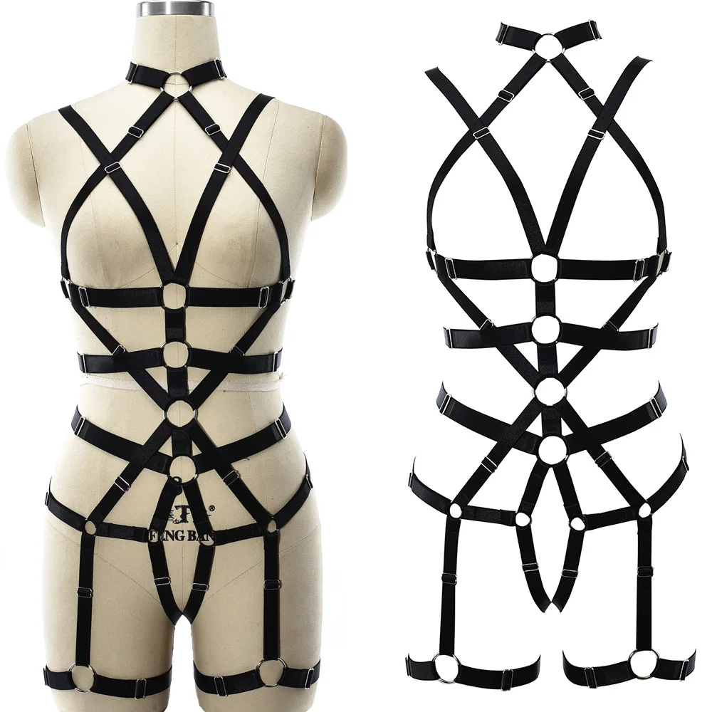 

Bondage Body Harness Belt Pole Dance Sexy Lingerie Punk Leg Garter Hollow Open Chest Bra Woman Black Adjust Bodysuit