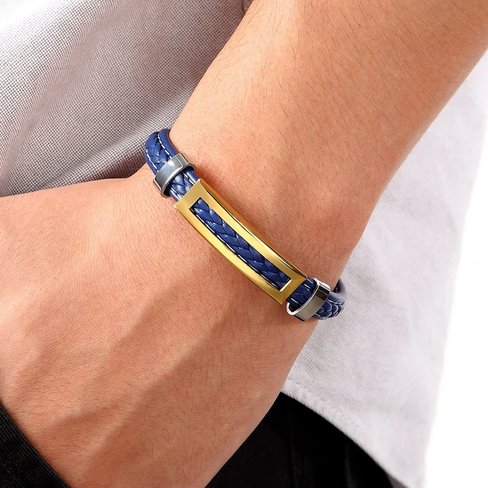 XQNI Stainless Steel Accessories Multi-color Rectangular Combination Blue Leather Classic Men\'s Bracelet Commemorative Gift