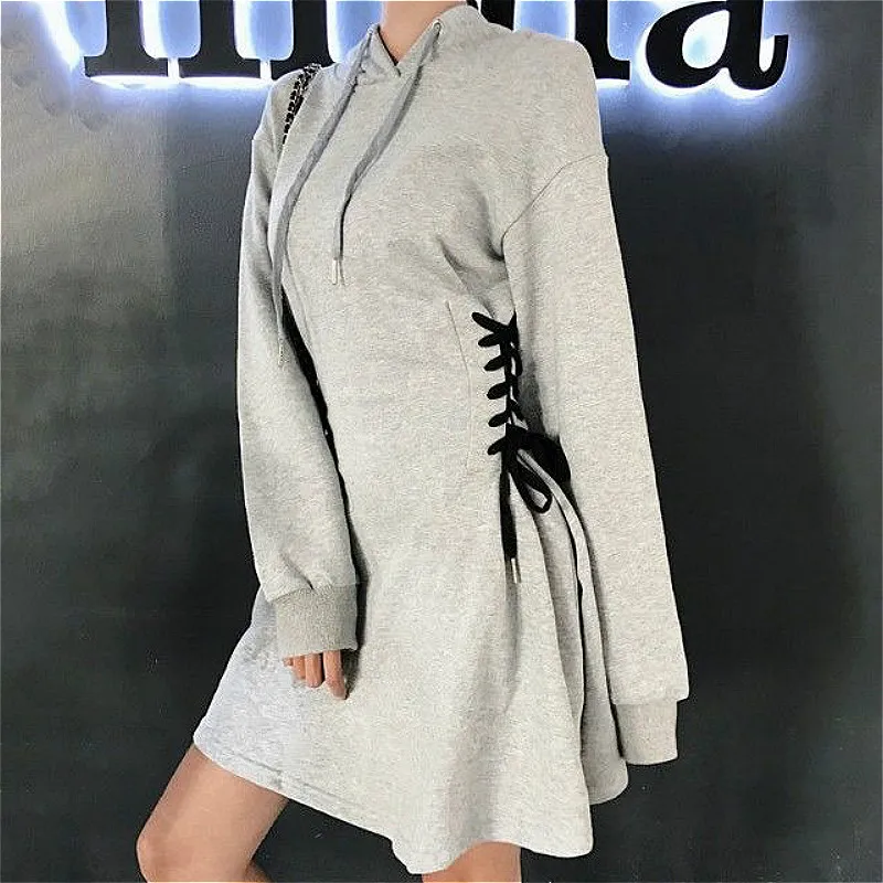 Long Sleeve Dress Women Gray Classy Slim Popular Stylish All-match Ins Criss-cross Mini Vintage Solid Hooded Empire Spring Daily