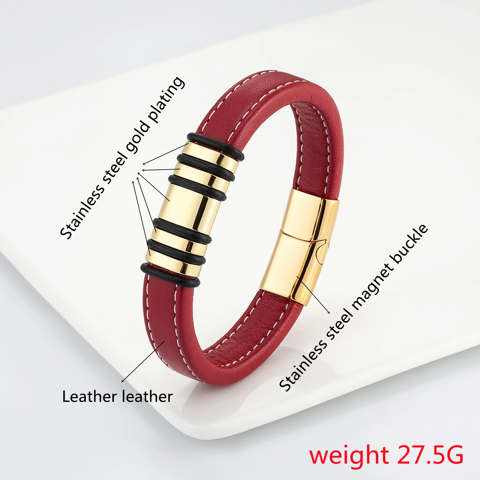 5 Rings Multicolor Stainless Steel Simple Jewelry Unisex Classic Couple Bracelet Red Wide Leather Cord Charm Bracelet